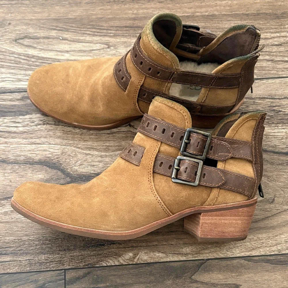 UGG Tan Suede Ankle Booties with Brown Strap Accents - Picture 2 of 4